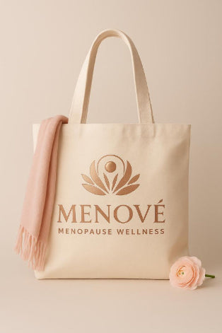 Beige tote bag with Menove Menopause Wellness logo on a beige background