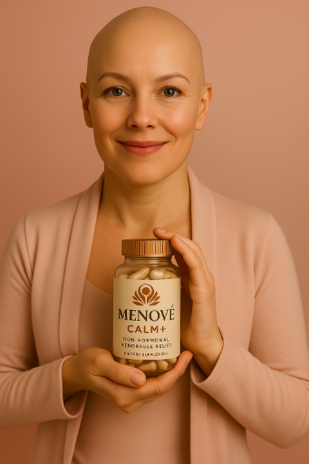 Woman holding a bottle of Menove Calm+ supplements against a beige background