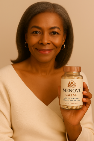 Woman holding a bottle of Menove Calm supplement against a beige background